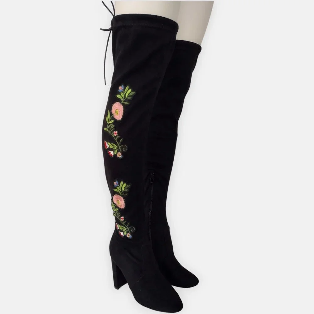 Top Moda Black Suede Floral Embroidered Over The Knee Boots 8.5